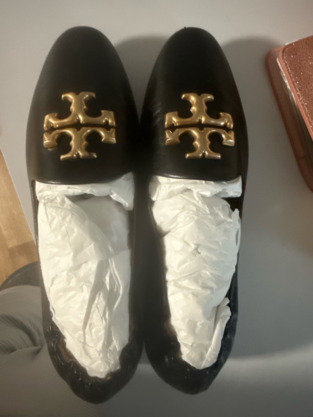 Tory Burch Black Leather Loafers with Gold Logo Accent